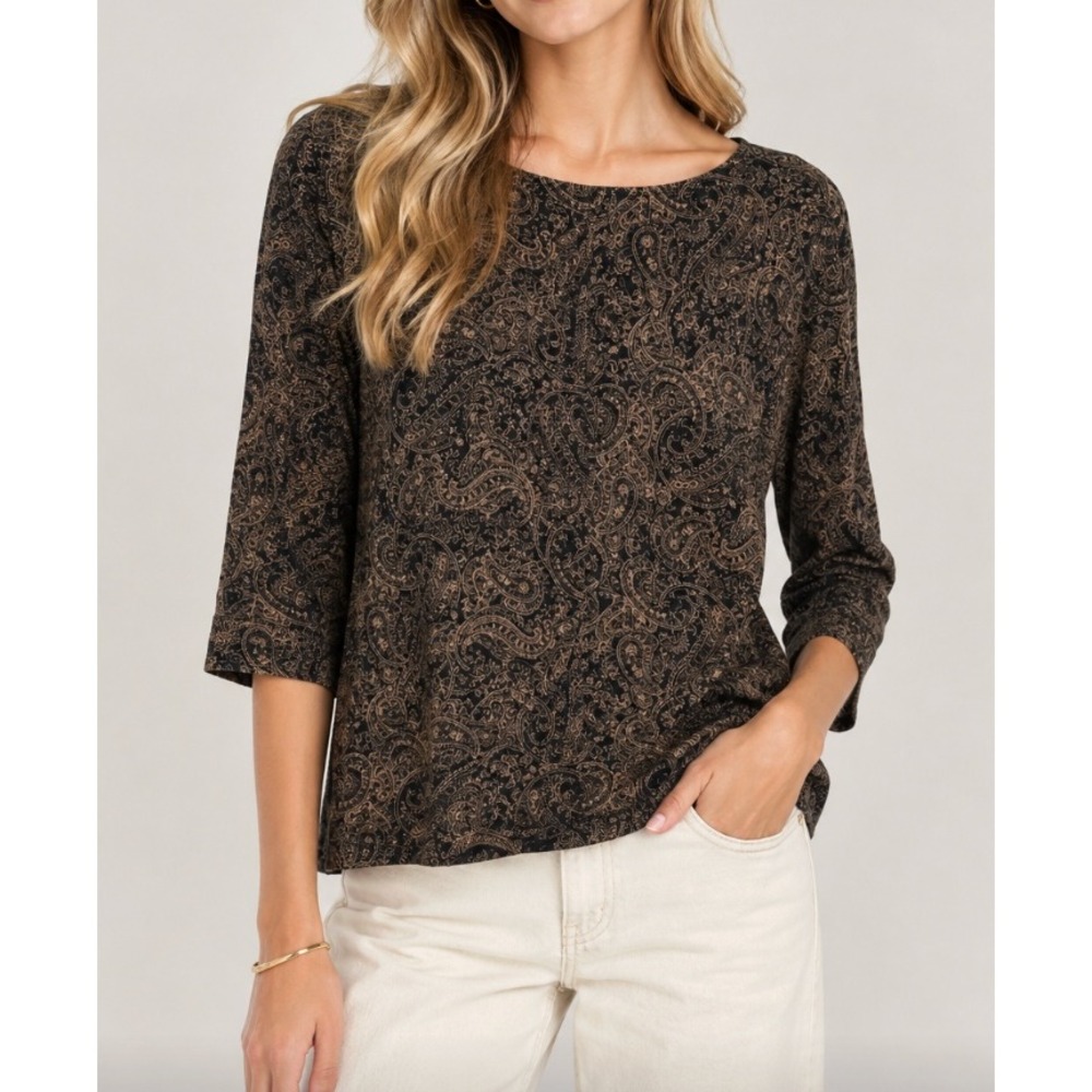 NEW Lauren Ralph Lauren Black Gold Paisley Boat Neck 3/4 Sleeve Cotton Top Large